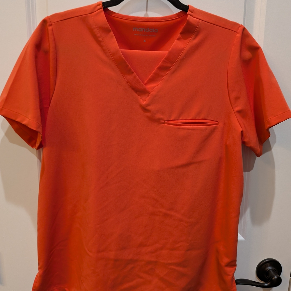 Mandala Orange One Pocket Scrub Top And 9 Pocket Drawstring Pant Set